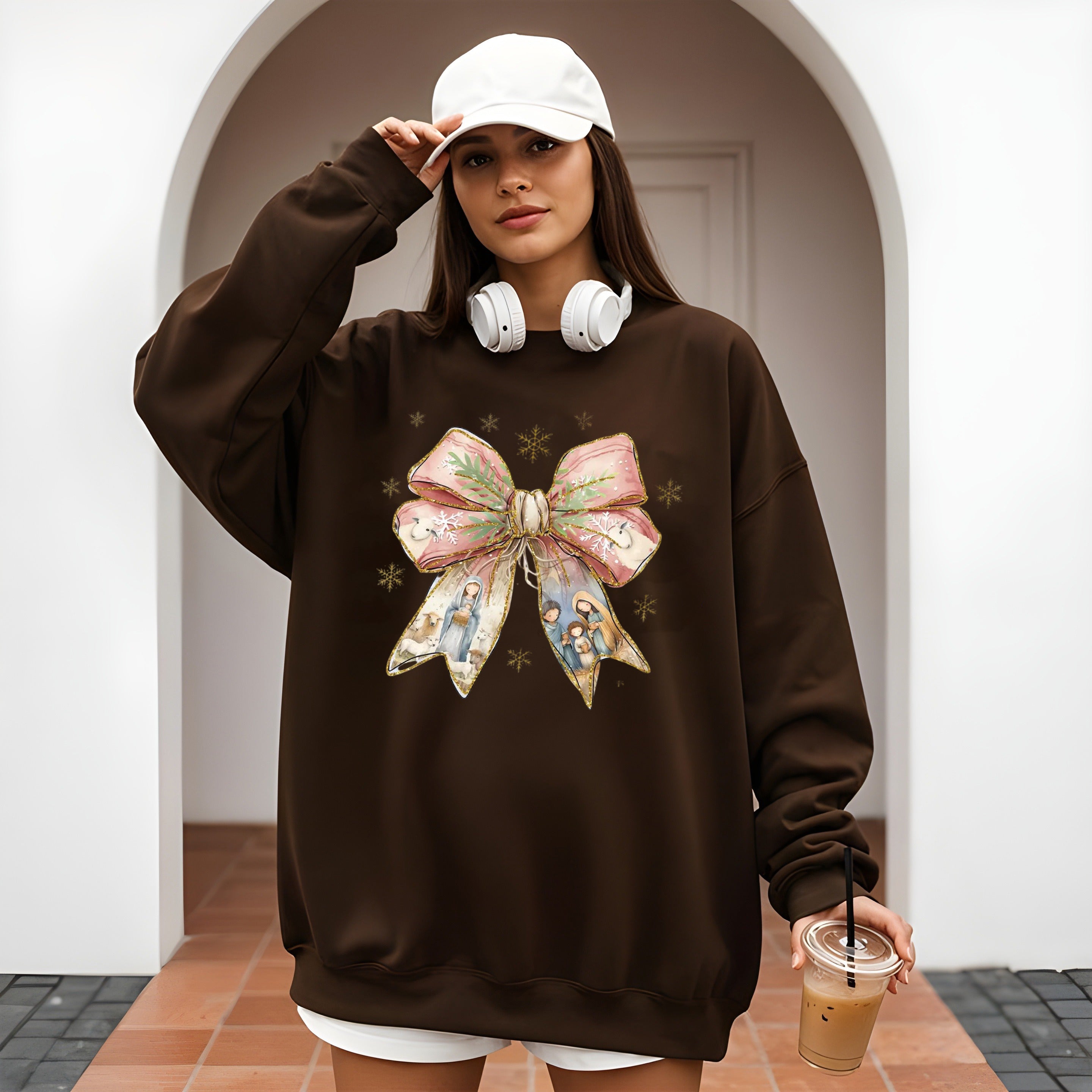 Nativity Bow Christmas Sweatshirt, Christian Holiday Pullover, Religious Crewneck with Manger Scene and Festive Ribbon